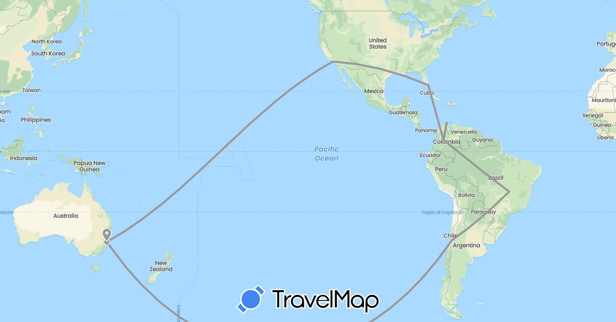 TravelMap itinerary: driving, plane in Australia, Brazil, Chile, Colombia, United States (North America, Oceania, South America)